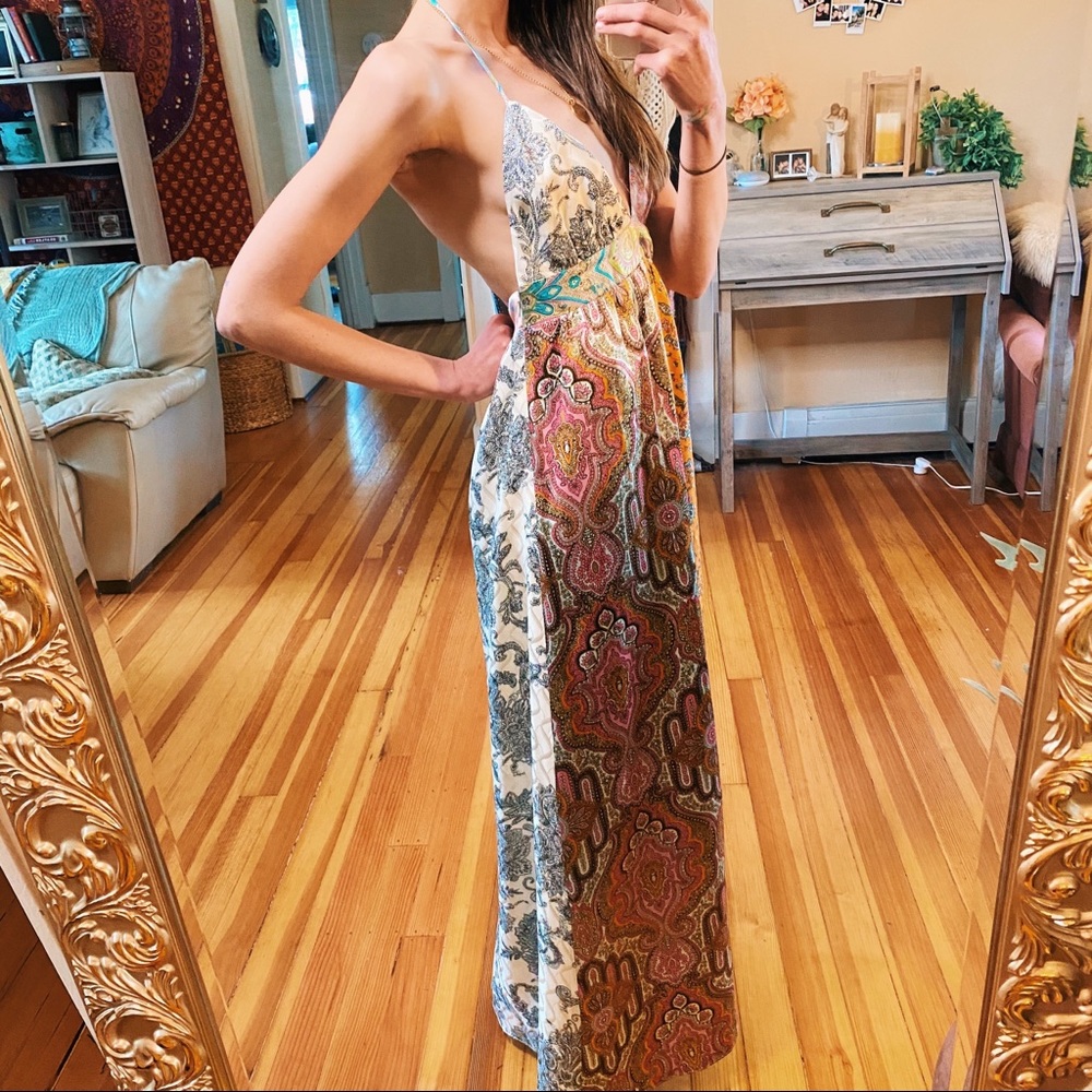 Vintage 100% Silk Y2k Patchwork Backless Halter G… - image 8